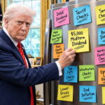 Donald Trump posting a sticky note to refrigerator inside White House.