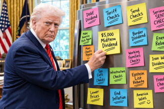 Donald Trump posting a sticky note to refrigerator inside White House.