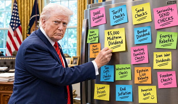 Donald Trump posting a sticky note to refrigerator inside White House.