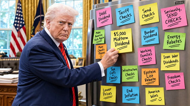 Donald Trump posting a sticky note to refrigerator inside White House.