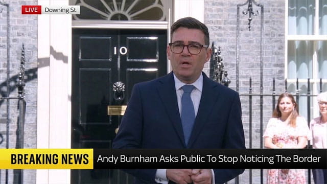 UK Prime Minister Andy Burnham giving a speech in front of prime minister's office on migrants.