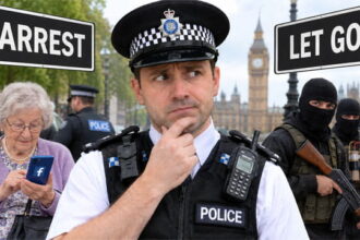 Male UK Police officer thinking with an old grandma on his left and terrorists wearing black to his right.