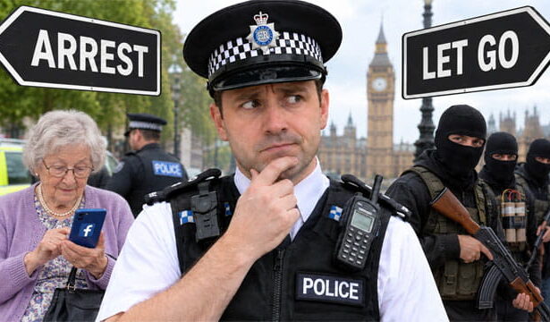 Male UK Police officer thinking with an old grandma on his left and terrorists wearing black to his right.