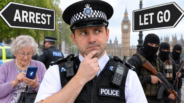 Male UK Police officer thinking with an old grandma on his left and terrorists wearing black to his right.