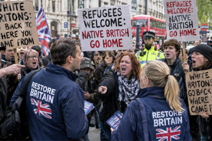 White British Restore Britain men and women being protested by Anti-Racism activists in the UK.