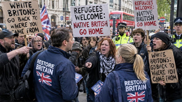 White British Restore Britain men and women being protested by Anti-Racism activists in the UK.