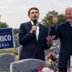 Democrat men James Talarico and Joe Biden dressed in suits standing in a Texas cemetery.