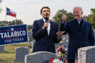Democrat men James Talarico and Joe Biden dressed in suits standing in a Texas cemetery.