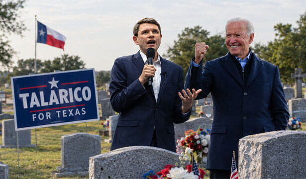 Democrat men James Talarico and Joe Biden dressed in suits standing in a Texas cemetery.