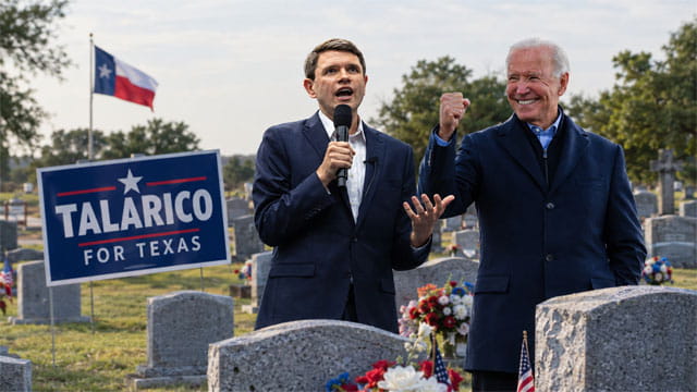 Democrat men James Talarico and Joe Biden dressed in suits standing in a Texas cemetery.