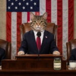 Cats wearing suits standing at the US Congress Speaker podium in front of the American flag.