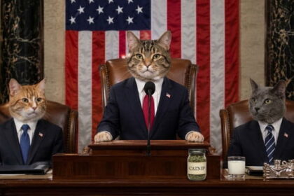 Cats wearing suits standing at the US Congress Speaker podium in front of the American flag.