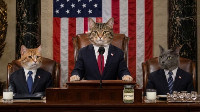 Cats wearing suits standing at the US Congress Speaker podium in front of the American flag.