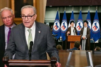 Democrat politicians standing behind podium in front of sign board with the Iran letter to American people.