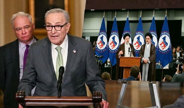 Democrat politicians standing behind podium in front of sign board with the Iran letter to American people.