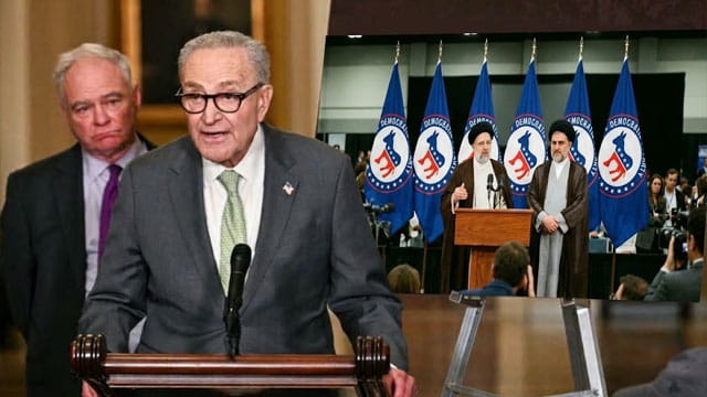 Democrat politicians standing behind podium in front of sign board with the Iran letter to American people.