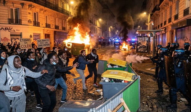 French students and African and Arab migrants rioting and burning buildings during the French student protests in France.