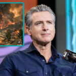 Gavin Newsom sitting on a chair with an insert of a California wildfire.