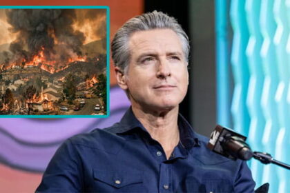 Gavin Newsom sitting on a chair with an insert of a California wildfire.