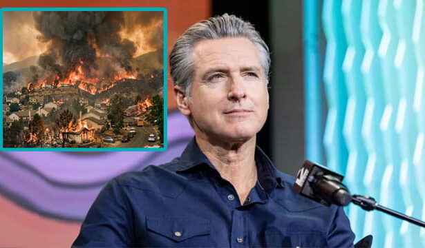 Gavin Newsom sitting on a chair with an insert of a California wildfire.