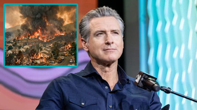 Gavin Newsom sitting on a chair with an insert of a California wildfire.