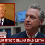 Gavin Newsom giving an interview with a California news reporter with an insert of President Trump.