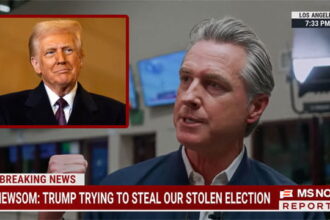 Gavin Newsom giving an interview with a California news reporter with an insert of President Trump.