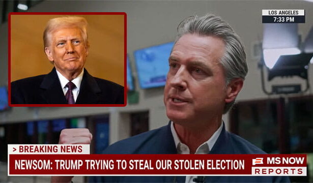 Gavin Newsom giving an interview with a California news reporter with an insert of President Trump.