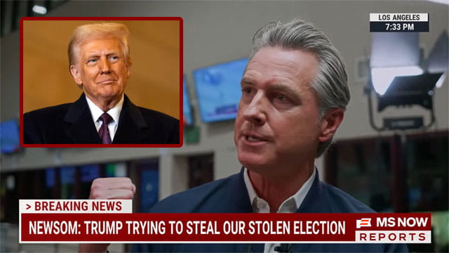 Gavin Newsom giving an interview with a California news reporter with an insert of President Trump.
