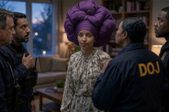 Ilhan Omar wearing a purple headscarf standing in living room surrounded by federal agents during a raid.