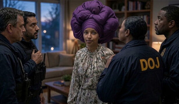 Ilhan Omar wearing a purple headscarf standing in living room surrounded by federal agents during a raid.