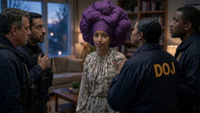 Ilhan Omar wearing a purple headscarf standing in living room surrounded by federal agents during a raid.