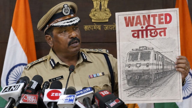 Indian male police officer wearing tan police uniform giving speech holding up a picture of a train.