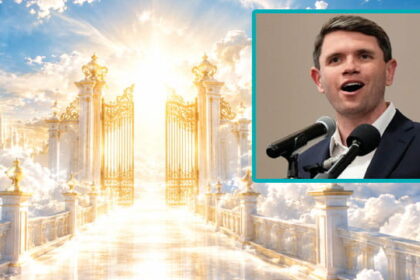 God in cloudy bright Heaven with an insert of male Democrat James Talarico.