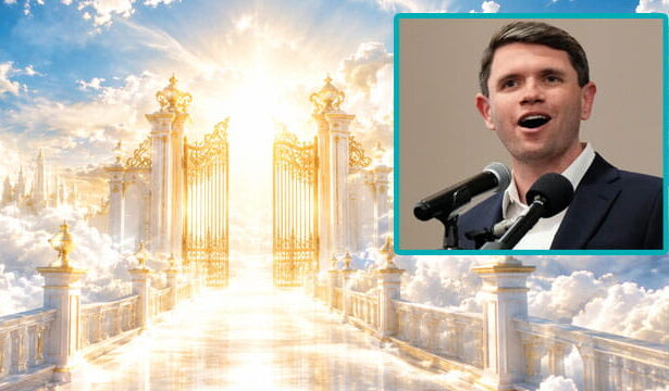 God in cloudy bright Heaven with an insert of male Democrat James Talarico.