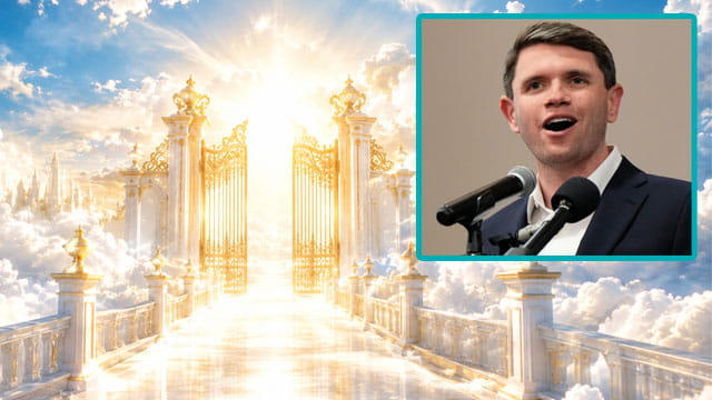 God in cloudy bright Heaven with an insert of male Democrat James Talarico.