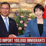 Female Japanese Prime Minister shaking hands with male Bangladesh president on stage during immigration deal.