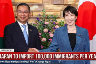 Female Japanese Prime Minister shaking hands with male Bangladesh president on stage during immigration deal.