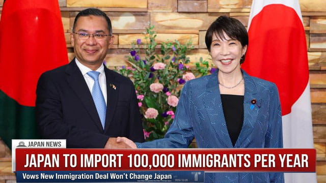 Female Japanese Prime Minister shaking hands with male Bangladesh president on stage during immigration deal.