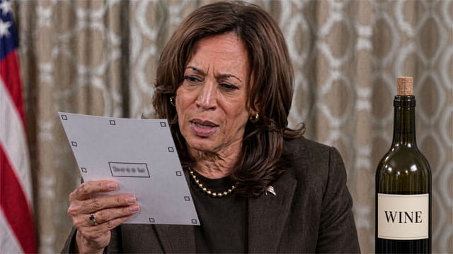 Kamala Harris staring at an Alaska ballot with a large bottle of wine on her table.