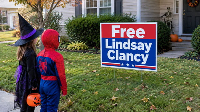 Two kids wearing Halloween costumes standing in front of a home with a "Free Lindsay Clancy" lawn sign.