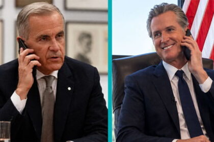 Canada male prime minister Mark Carney on the phone talking to California Governor Gavin Newsom on the phone.