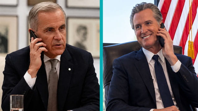 Canada male prime minister Mark Carney on the phone talking to California Governor Gavin Newsom on the phone.
