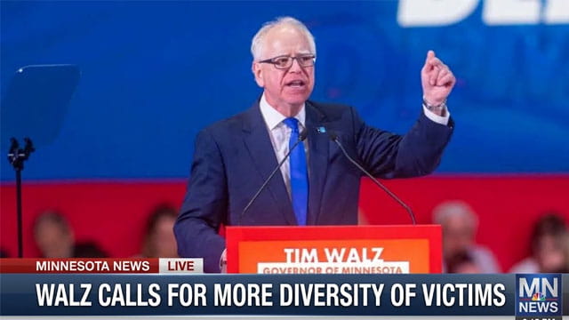 Minnesota Governor Tim Walz giving speech behind podium on Somali gang shooting.