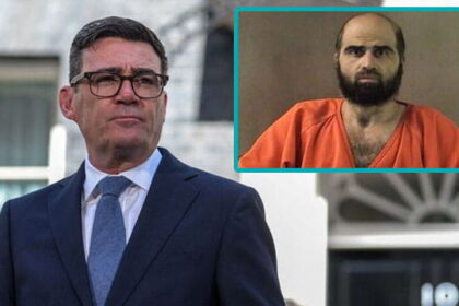 UK Prime Minister Andy Burnham with an insert of Muslim terrorist Nidal Hasan wearing orange jumpsuit.