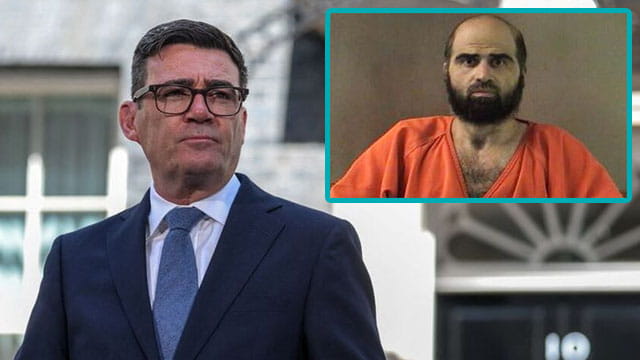 UK Prime Minister Andy Burnham with an insert of Muslim terrorist Nidal Hasan wearing orange jumpsuit.