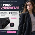 UK advertisement for safety underwear with a young British woman wearing a black coat.