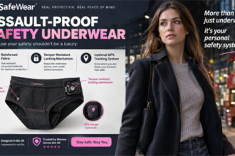 UK advertisement for safety underwear with a young British woman wearing a black coat.