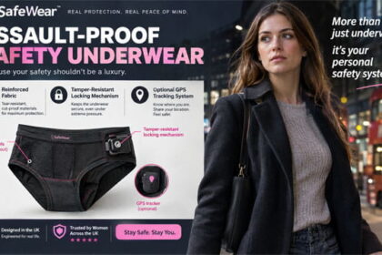 UK advertisement for safety underwear with a young British woman wearing a black coat.