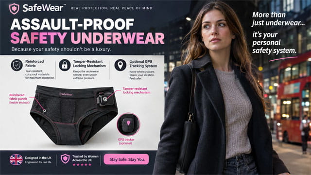 UK advertisement for safety underwear with a young British woman wearing a black coat.